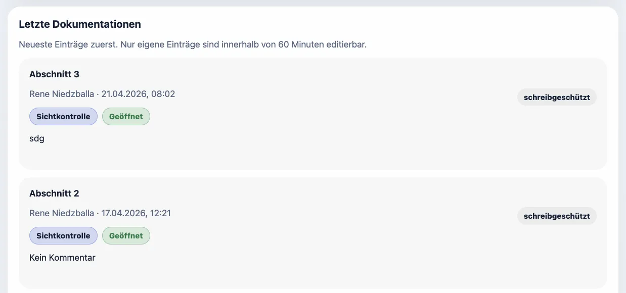 Hier werden die letzten Dokumentationen angezeigt